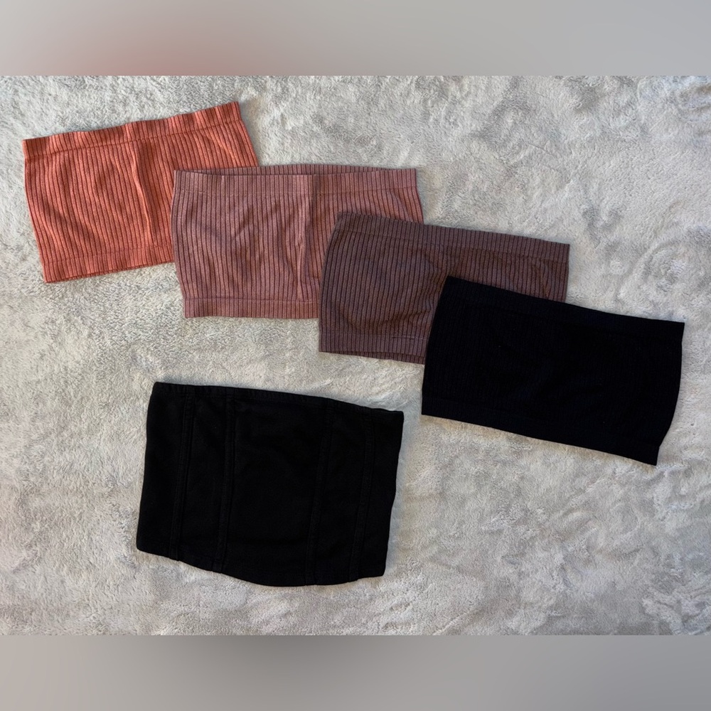 Earth Tone Women's Ribbed Strapless Bandeau BUNDLE OF 5